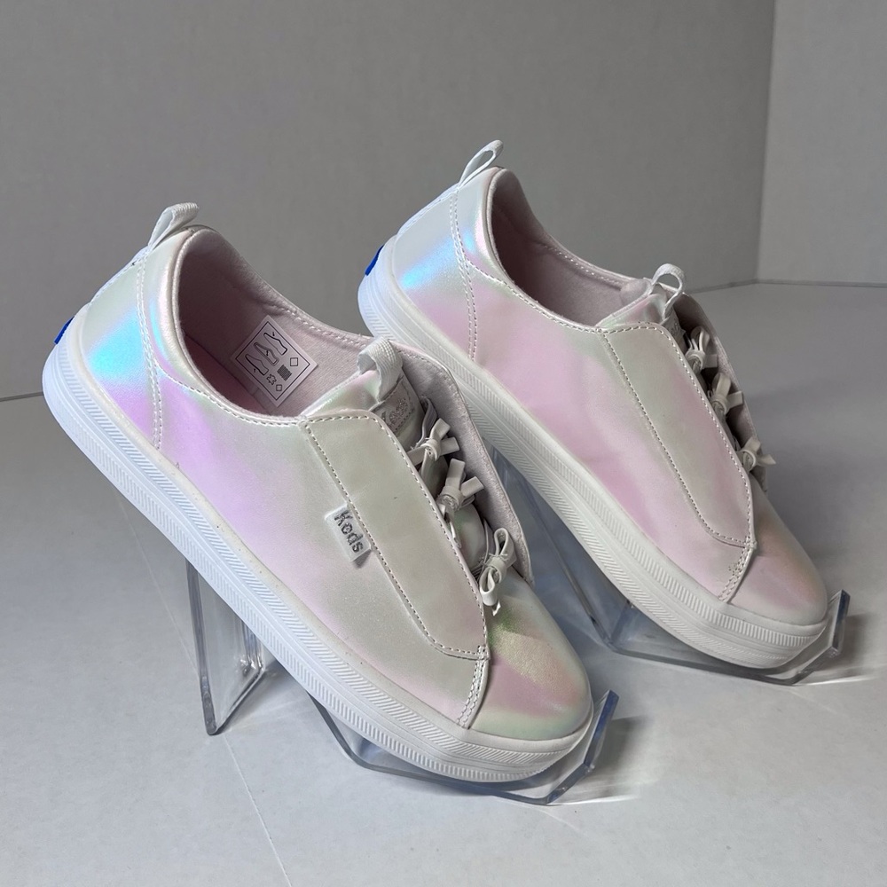 Keds Kids Iridescent Slip-On Sneakers in White with Pink Shimmer
